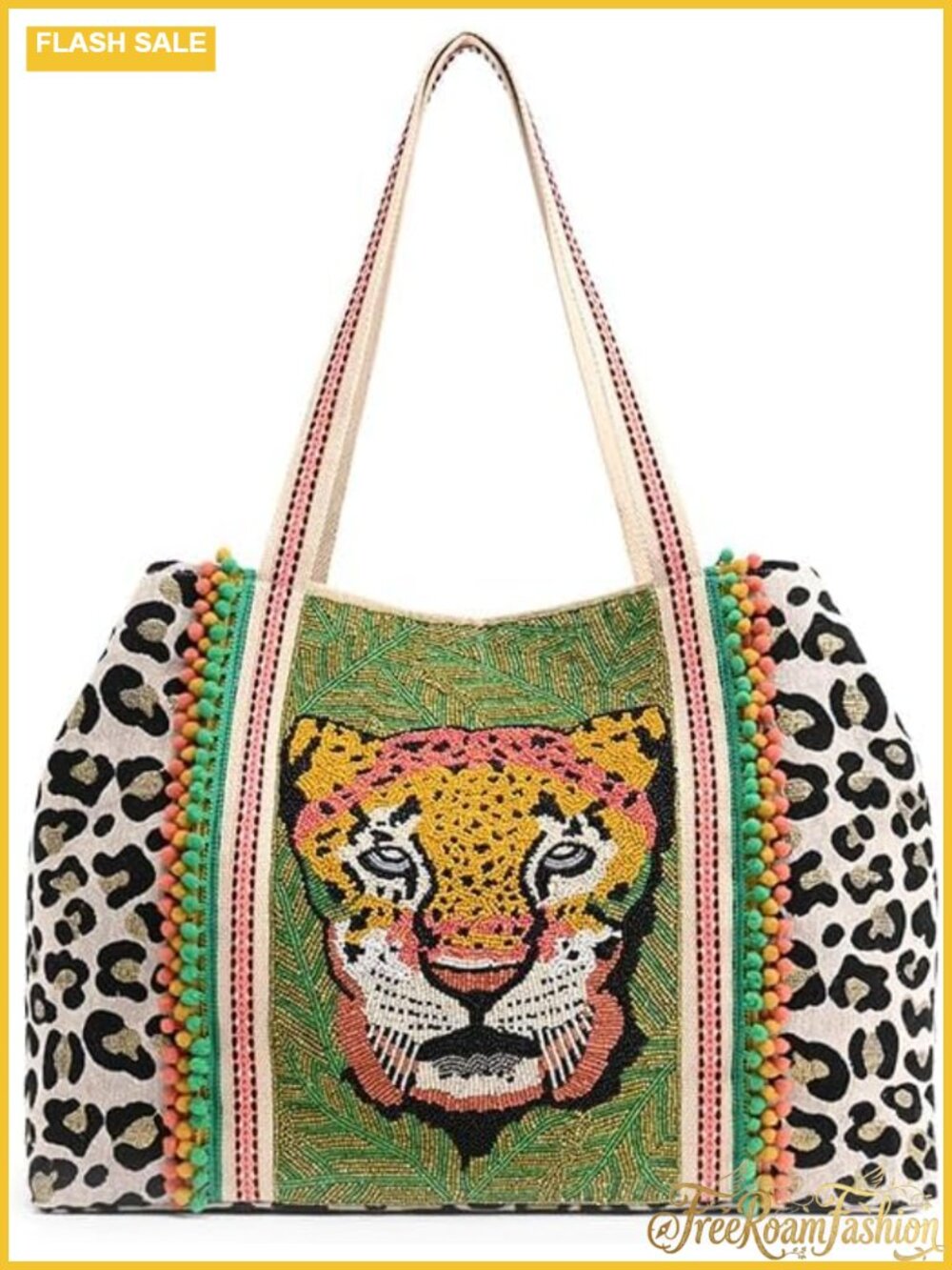 Hand-Beaded Leopard Jacquard Tote Bag with Pompom Embroidered Handle